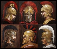 four different types of roman soldiers wearing helmets