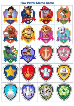 the paw patrol memory game is shown with different badges and emblems for each player