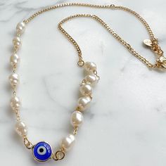 Blue Evil Eye Curb Chain Necklace - BelleStyle Pearl Jewelry With Evil Eye Detail As Gift, Pearl Jewelry With Evil Eye As A Gift, Pearl Evil Eye Jewelry For Gifts, Pearl Evil Eye Jewelry As Gift, Evil Eye Pearl Jewelry As A Gift, Linen Pouch, Curb Chain Necklace, Professional Jewelry, Rose Gold Chain