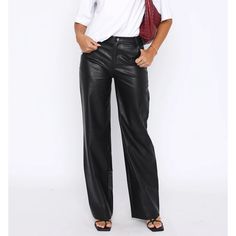 New With Tags - Does Not Fit Me Pleather With Silver Button. Black Faux Leather Bottoms With Button Closure, Leather Bottoms With Button Closure For Work, High Waist Faux Leather Wide Leg Pants For Work, Black Leather Bottoms With Button Closure, Chic Black Leather Pants With Button Closure, Fall Wide-leg Leather Pants With Button Closure, Wide Leg Leather Pants With Button Closure For Work, Leather Workwear Pants With Button Closure, Chic Leather Bottoms With Button Closure