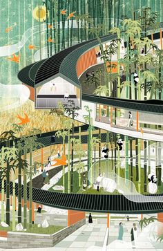 an illustration of a building surrounded by trees and birds