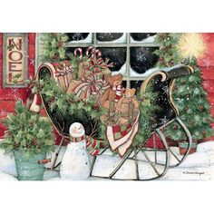 a christmas scene with a sleigh and snowman