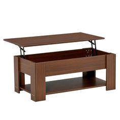 a coffee table with an open drawer underneath it