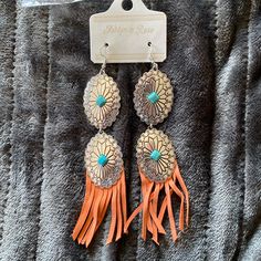 Orange Fringe Concho Earrings. Very Very Lightweight Bohemian Orange Jewelry For Spring, Bohemian Orange Earrings For Spring, Orange Dangle Jewelry For Spring, Summer Orange Nickel-free Earrings, Spring Orange Drop Earrings, Nickel-free Orange Earrings For Festival, Orange Festival Earrings For Pierced Ears, Arrowhead Earrings, Concho Earrings