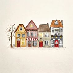 a watercolor painting of houses with trees and snow on the ground in front of them