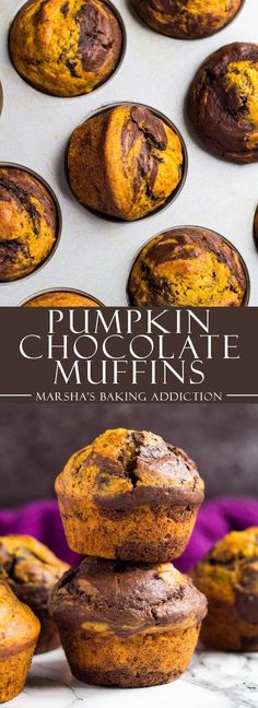 pumpkin chocolate muffins are stacked on top of each other in front of the muffins