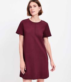 Done in a sleek and stretchy soft knit ponte, this shift dress is a study in modern-minimalist perfection. Round neck. Short sleeves. Front button patch pockets. Back zip.,Imported:Imported,Fit:Fit: Shift - fits straight and relaxed,Length:32 3/4" from top back neck to hem, measured from a size 8/M Loft Petite Ponte Pocket Mini Dress Size XS Deep Burgundy Women's by Loft Size Petite - XS Deep Burgundy Women's Shift, Dresses Short Sleeve Elastane Mini Dress For Work, Elastane Short Sleeve Mini Dress For Work, Stretch Crew Neck Dress For Work, Stretch Crew Neck Dresses For Work, Solid Shift Mini Dress For Work, Shift Mini Dress For Work, Modern Mini Dress For Work, Muscle Tee Dress, Extra Dresses