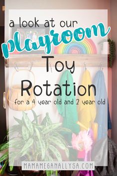 a pin image that reads a look at our playroom toy rotation for a 4 year old and 2 year old with an image of a wall shelf with a rainbow on the shelf and play silks hanging under it Playroom Shelves, Small Playroom, Montessori Room, Montessori Playroom, Toy Shelves, Girls Playroom, Open Ended Play, Open Ended Toys