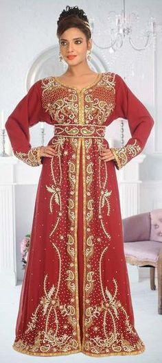 Red and Maroon color Kaftan in Georgette fabric with Embroidered, Thread work Red Bollywood Kaftan For Festive Occasions, Festive Red Kaftan With Resham Embroidery, Traditional Kaftan With Intricate Embroidery For Reception, Red Kaftan With Zari Work For Festivals, Festive Red Kaftan, Red Zari Work Kaftan For Eid, Red Festive Kaftan With Zari Work, Festive Red Kaftan With Zari Work, Red Traditional Drape Kaftan For Party