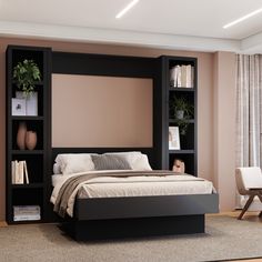 a bedroom with a bed, bookshelf and chair