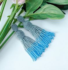 Silver blue ombre beaded earrings tassel, Oscar de La Renta Style. Ideal for evening and daily look. Tassel earrings made of high-quality Czech round beads. If you wish, i can produce for you this model of earrings in any length or color range. Stud silver 925 Length - 8 cm (3 inch) Thank you for visiting my shop. Hope you will find something interesting and beautiful for yourself in my shop. If you have any questions don't be hesitate to ask me. --- Please note that due to lighting effects, mon Oscar Style, Earrings Tassel, Gold Bead Earrings, Oscar Fashion, Womens Earrings Studs, Buy Earrings, Women Earrings, Bead Work Jewelry, Beaded Drop Earrings