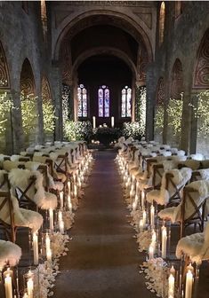 rows of chairs lined up with candles in front of them and decorated with furs