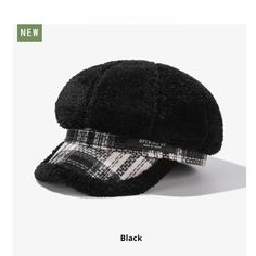 a black hat with a plaid pattern on the front and side, next to a white background