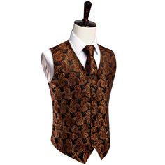 Paisley Vest Rust Orange Jacquard Black V-Neck Vest Tie Set Elegant Formal Vest With Ties, Classic Formal Vest With Ties, Elegant Brown Business Vest, Gold Fitted Vest, Fitted Gold Vest Elegant Style, Elegant Gold Fitted Vest, Fitted Gold Elegant Vest, Paisley Suit, Vest Tuxedo