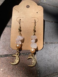 golden moon earrings🌜with real rose quartz stones. rose quartz promotes self love acceptance healing and unconditional love in general. Gold Rose Quartz Earrings For Gift, Golden Moon, Real Rose, Wire Jewellery, Rose Quartz Stone, Moon Earrings, Quartz Rose, Dream Jewelry, Jewelry Inspo