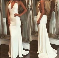 Fitted White Backless Dress For Prom, White Backless Dress For Prom, White Backless Evening Dress For Prom, White Backless Evening Dress For Prom Season, Backless Prom Dress With Sweep Train, White Backless Evening Dress, Low Back Backless Dress With Sweep Train For Prom, White Backless Prom Gown, White Backless Gown For Prom