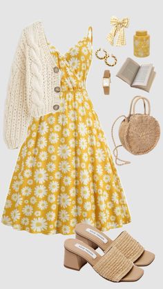 #sundress #dress #yellow #modestfashion #vintage #beauty #aesthetic #cardigan #churchoutfit #summer #outfit #spring #easter #outfitinspo #beach #vacationoutfits Aesthetic Cardigan, Woman Tips, Beauty Aesthetic, Sundress Dress, Dress Yellow