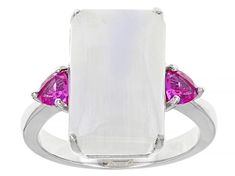 16x10mm Rectangular Octagonal Rainbow Moonstone And 0.46ctw Trillion Lab Created Pink Sapphire Rhodium Over Sterling Silver Ring. Measures Approximately 0.72"L x 0.63"W. Not Sizeable. Finished Under Gallery. White Radiant Cut Jewelry With Accent Stones, White Radiant Cut Gemstone Jewelry, Broken Chain, Pink Gemstones, Cultured Pearls, Pink Sapphire, Rainbow Moonstone, Gemstone Colors, Quality Jewelry