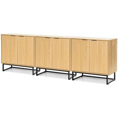 the sideboard is made out of wood and has metal legs on each side, with two