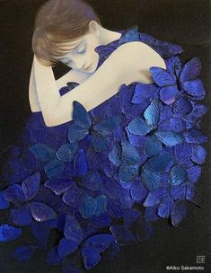 a painting of a woman with blue butterflies on her body and arms behind her head