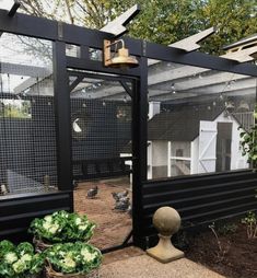 an outdoor chicken coop with chickens in it