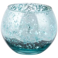 a glass bowl with blue and white speckles on the outside, sitting in front of a white background