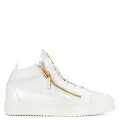 These mid-top white leather sneakers feature white patent leather inserts and the metal Signature logo. The design is completed by the metal Signature logo, and is set on a rubber sole with logo. White High-top Sneakers With Zipper, Luxury Patent Leather Sneakers For Streetwear, Luxury Patent Leather Streetwear Sneakers, Designer High-top Patent Leather Sneakers, Modern High-top Patent Leather Sneakers, Luxury High-top Patent Leather Sneakers, Modern Patent Leather High-top Sneakers, Leather Lace-up High-top Sneakers With Zipper, Leather Sneakers With Zipper For Streetwear