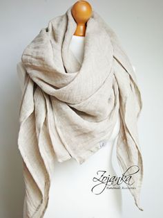 Large natural scarf / shawl handmade by Zojanka. This shawl wrap is square shape, folded to triangle is very soft and drapes very well, so easy to style. Linen lover will fall in love with this oversized wrap, which is very fashionable and cosy. It will match many outfits. * Light and soft linen shawl wrap, this oversized shawl is made of soft light linen fabric * Shawl/wrap is made of 100% baltic linen fabric, which is produced in Poland * Scarf drapes very well, can be worn in many many ways. Linen Shawl, Linen Scarves, Handmade Pins, Shawl Scarf, Lightweight Scarf, Shawl Wrap, Eco Fashion, Support Handmade, Pure Linen