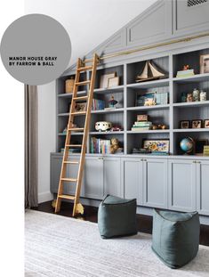 a living room filled with lots of furniture and bookshelves next to a ladder