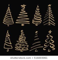 hand drawn christmas trees on black background