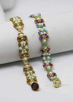 two bracelets with beads and stones on top of each other, one beaded in different colors