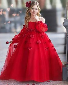 red tulle handmade flower strapless girls pageant dress with long sleeves Girls Pageant Dresses, Flower Red, Communion Dresses, Dress With Long Sleeves, Pageant Dress, Handmade Flower, Flower Girls, Pink Candy, Girl Dresses