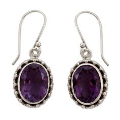 Surrounded by a silver halo amethyst is dazzling. Shanker creates classic earrings with modern Indian styling. .925 Sterling silver Pierced Amethyst Crystal Earrings, Oval Amethyst Earrings With Gemstone Accents, Purple Oval Earrings With Gemstone Accents, Classic Amethyst Drop Earrings Jewelry, Classic Amethyst Drop Earrings, Classic Sterling Silver Purple Earrings, Classic Purple Sterling Silver Earrings, Classic Purple Gemstone Earrings, Classic Purple Drop Earrings