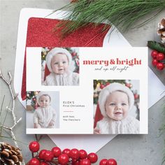 a merry and bright christmas card with two photos