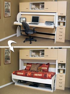 two pictures of a bed with a desk underneath it