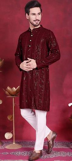 Red and Maroon color Kurta Pyjamas in Rayon fabric with Embroidered work Red Kurta With Mirror Work For Eid, Red Mirror Work Kurta For Eid, Red Long Sleeve Traditional Wear With Traditional Patterns, Red Motif Kurta For Festive Occasions, Festive Red Kurta With Motifs, Red Sets With Traditional Patterns And Long Sleeves, Red Long Sleeve Sets With Traditional Patterns, Red Long Sleeve Sets With Motifs, Red Kurta With Traditional Patterns For Eid