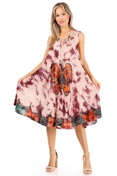 Women's sleeveless cotton dress features beautiful colors and easy comfortable style. Spring Tie Dye Sleeveless Sundress, Dye Cotton Fabric, Pink Sleeveless Dress With Butterfly Print, Casual Sleeveless Tie-dye Sundress, Sleeveless Cotton Tie-dye Dresses, Sleeveless Tie-dye Maxi Dress For Spring, Sleeveless Cotton Dress, Tank Dresses, Mid Length Dress