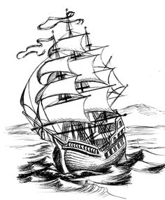 a black and white drawing of a boat in the ocean with sails flying through the air