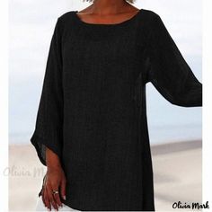 Olivia Mark - Solid Color Casual Top with Irregular Long Sleeves Casual Black Blouse, Black Casual Relaxed Fit Blouse, Black Relaxed Fit Blouse For Spring, Casual Black Blouse For Vacation, Black Casual Blouse For Vacation, Casual Black Blouse For Spring, Round Neck Shirt, Casual Long Sleeve Shirts, Solid Color Shirt