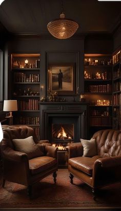 a living room filled with furniture and a fire place in front of a bookshelf