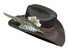 "This is the King of cowboy hats , it is a statement piece . We added one leather hat band and two more faux leather small hat bands . It has 2 playing cards and a personalized card with a \"quote\" our client liked . You might think the 3 feathers is two much but when adding them gracefully they make a great addition to the hat .  The hat was burned to give it that extra touch and texture make it look more rusty .  Please note that we do this hats made to order if we don't have the same specific leather , feathers or more we will make sure to send you options and wait for your approval .  Available sizes :  M (57-58cm)  L (59-60cm)  XL (61-62cm) colors are more limited for this size please send us a message before purchase ." Fancy Cowboy Hat, Custom Brown Felt Hat For Western-themed Events, Custom Brown Hat Bands For Kentucky Derby, Custom Brown Hat Band For Kentucky Derby, Custom Short Brim Hat For Western-themed Events, Custom Brown Top Hat For Western-themed Events, Custom Flat Brim Costume Hats For Western-themed Events, Vintage Brown Costume Hats For Rodeo, Vintage Brown Costume Hats And Headpieces For Rodeo