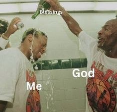 two men standing next to each other in a bathroom with water pouring out of their mouths