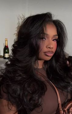 Black Hair Long Layers Face Framing, Curled Body Wave Wig, Big Curls For Long Hair Black Women, Layers Haircut Black Women, Feathered Hair Black Women, Diva Curls Black Women, Fluffy Curls Black Women, Middle Part Bombshell Curls, Blowout Middle Part