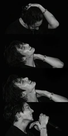 the rolling stones in black and white with their hands on their head, looking at each other