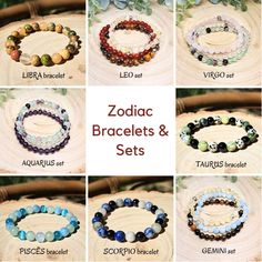 Check these beautiful Zodiac Crystal Bracelets, the perfect blend of style and spirituality, ideal for treating yourself or as a thoughtful birthday gift. Each bracelet is designed to represent the unique essence of each of the 12 zodiac signs, featuring the three best birthstones associated with it. These crystal bracelets are powerful energy amulets, enhancing your natural strengths and providing balance. Choose from a single bracelet that combines all three birthstones or a set of three brace Gemstone Meanings Crystal Healing Bracelets, Cheap Aventurine Beaded Bracelets, Zodiac Gemstones, Single Bracelet, Healing Gemstone Bracelets, Bracelets Beaded, Zodiac Bracelet, Powerful Energy, Energy Bracelets