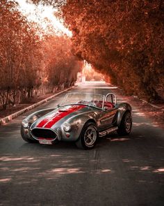 a silver and red sports car parked on the side of a road next to trees