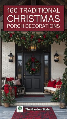 the front porch decorated for christmas with red and green decorations