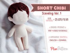 a small stuffed doll laying on top of a white bed next to the words short club standing ver 1