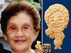 an old woman with glasses next to a cookie shaped like a man's head