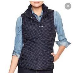 Gap Polka Dot Puffer Vest Size: L Condition: New With Tags Color Navy Pattern Polka Dot Retails $60 Details Vest Sleeveless Snap Button Closure Pet Friendly & Smoke Free Home I Do Not Hold Or Cancel Transactions Casual Polka Dot Outerwear For Spring, Polka Dot Vest, Denim Coat Women, Gap Jacket, Gap Jackets, Winter Coats Women, Puffer Vest, Denim Women, Vest Jacket